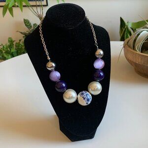 Faux Pearl and Purple Silver tone Statement Necklace